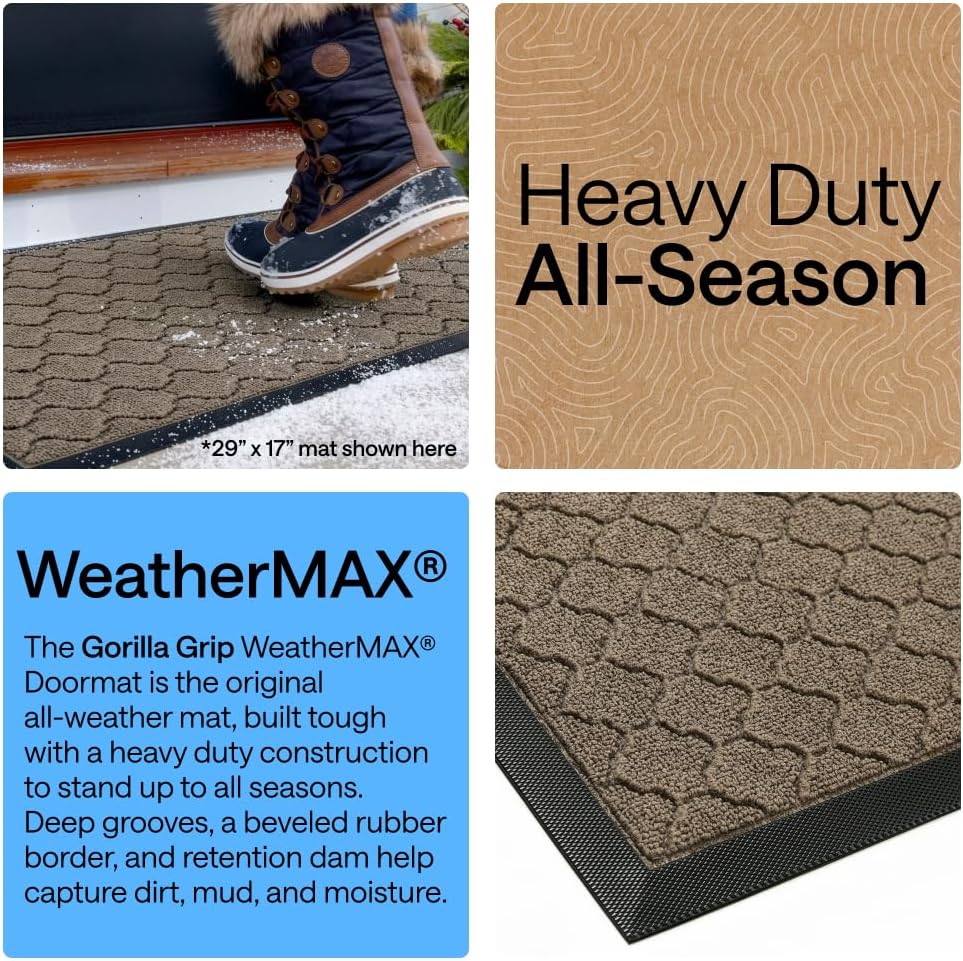 GORILLA GRIP WeatherMAX Door Mat, Indoor Outdoor, 35x23, Beige Quatrefoil