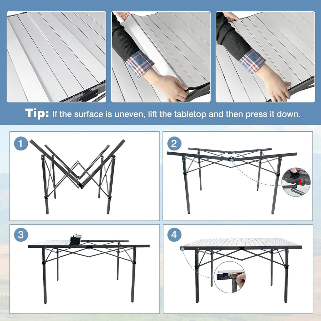 29.9" Tall Folding Camping Table for 2-6 Person, 54.7" Large Aluminum Foldable Roll-up Table Outdoor with Carry Bag for Picnic, Camp, Sturdy, Backyard, Patio