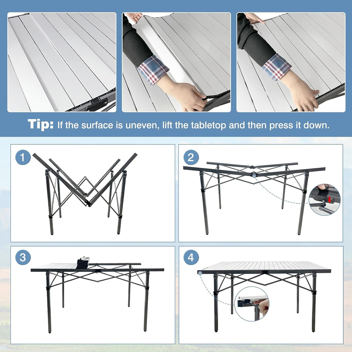 29.9" Tall Folding Camping Table for 2-6 Person, 54.7" Large Aluminum Foldable Roll-up Table Outdoor with Carry Bag for Picnic, Camp, Sturdy, Backyard, Patio
