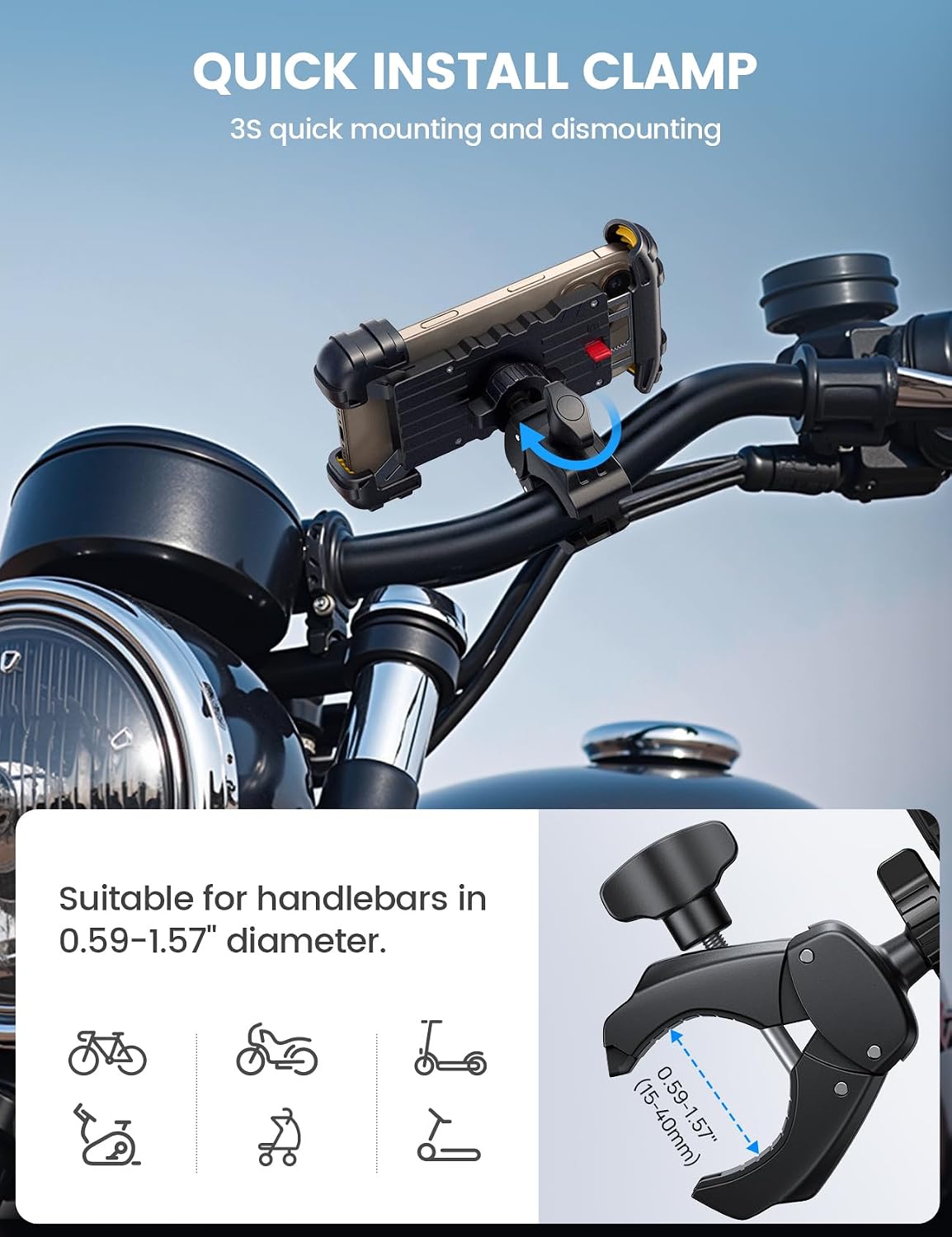 Lamicall Bike Phone Holder Mount - Motorcycle Handlebar Phone Mount Clamp, One Hand Operation ATV Scooter Phone Clip for iPhone 15/14 Pro Max/X/XS, Galaxy S10 and 4.7"- 6.8" Cellphone - Yellow