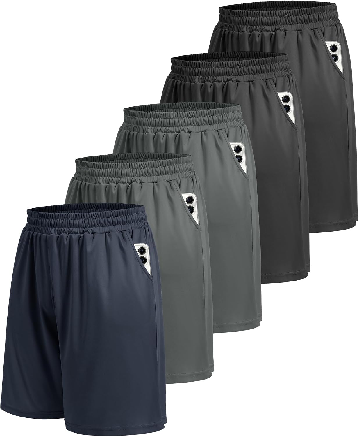 5 Pack Athletic Gym Mens Shorts - Workout Black Quick Dry Basketball Shorts