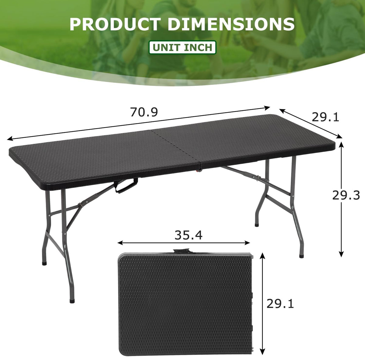 BestOffice | 6FT Folding Table | Black Ratten | Portable Plastic Table