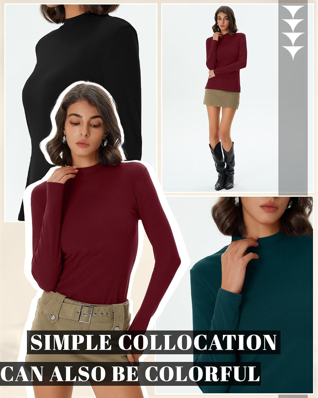 Evervibe 3 Pack Women's Ribbed Mock Neck Thermal Tops