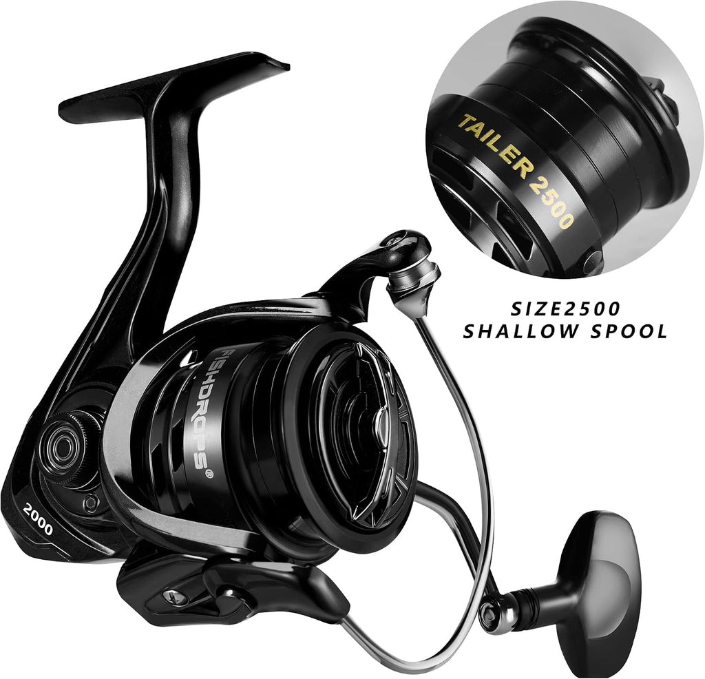 Fishdrops Fishing Reels Spinning Reel Left/Right Interchangeable Aluminium Handle, 7.5 oz Ultralight Spinning Reels, 5.5:1 Gear Ratio Deep/Shallow Aluminum Spool for Freshwater and Saltwater