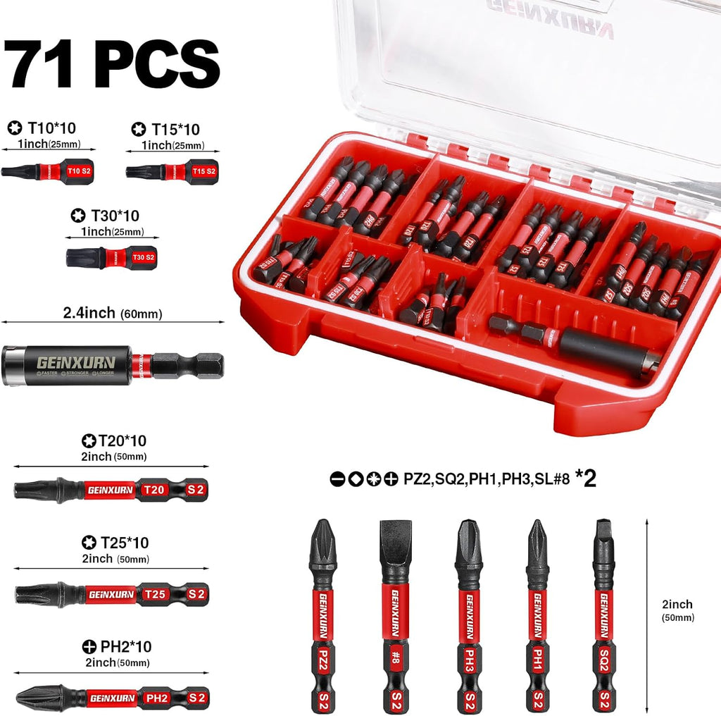 Geinxurn 71pieces Impact Screwdriver Bits Set, Magnetic S2 Steel Multi Insert Power Bits Tips with Impact Bit Holder with Storage Box