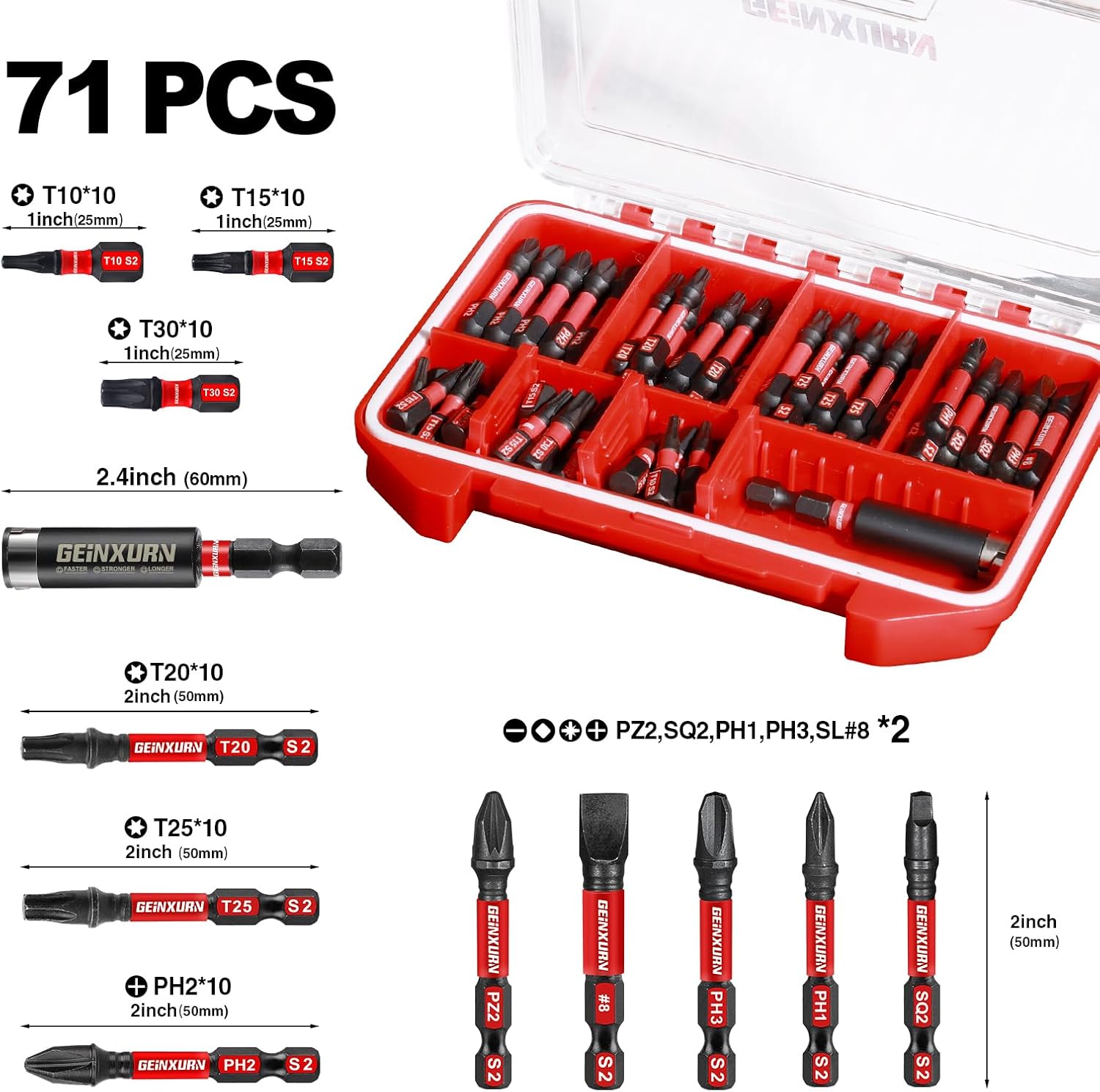 Geinxurn 71pieces Impact Screwdriver Bits Set, Magnetic S2 Steel Multi Insert Power Bits Tips with Impact Bit Holder with Storage Box