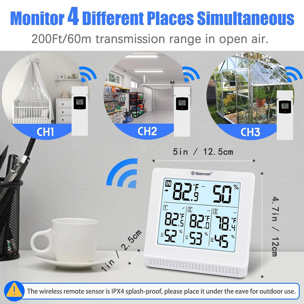 Geevon Indoor Outdoor Thermometer Wireless with 3 Remote Sensors, Digital Hygrometer Thermometer, Temperature Gauge Humidity Monitor with Backlight, 200FT/60M Transmission Range
