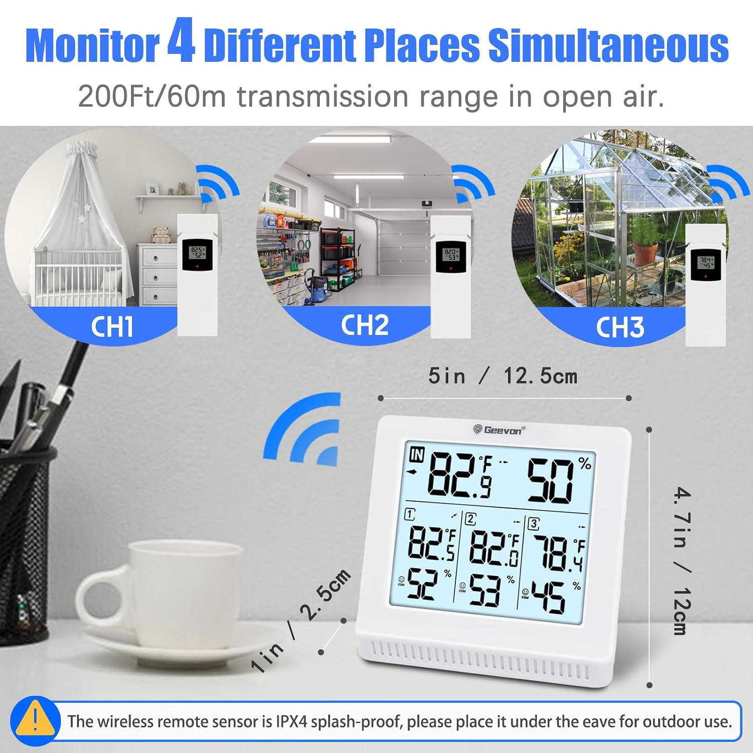 Geevon Indoor Outdoor Thermometer Wireless with 3 Remote Sensors, Digital Hygrometer Thermometer, Temperature Gauge Humidity Monitor with Backlight, 200FT/60M Transmission Range