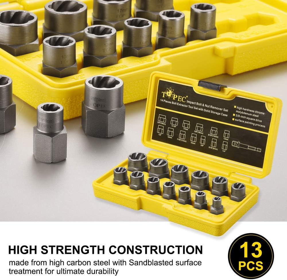 Topec 13+1 Piece Impact Bolt & Nut Remover Set, 3/8" Drive Bolt Extractor Socket Set, 8mm-19mm Stripped Lug Nut Remover, Twist Socket for Damaged, Rusted, Rounded Fasteners