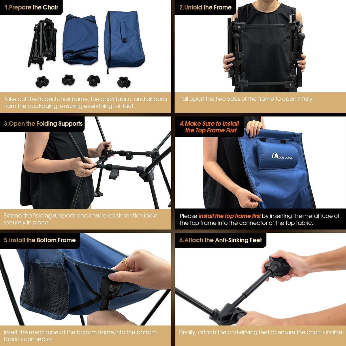 MOON LENCE High Back Folding Camping Chairs, Height-Adjustable, Widened Seat, for Beach with Anti-Sinking Feet (Blue)