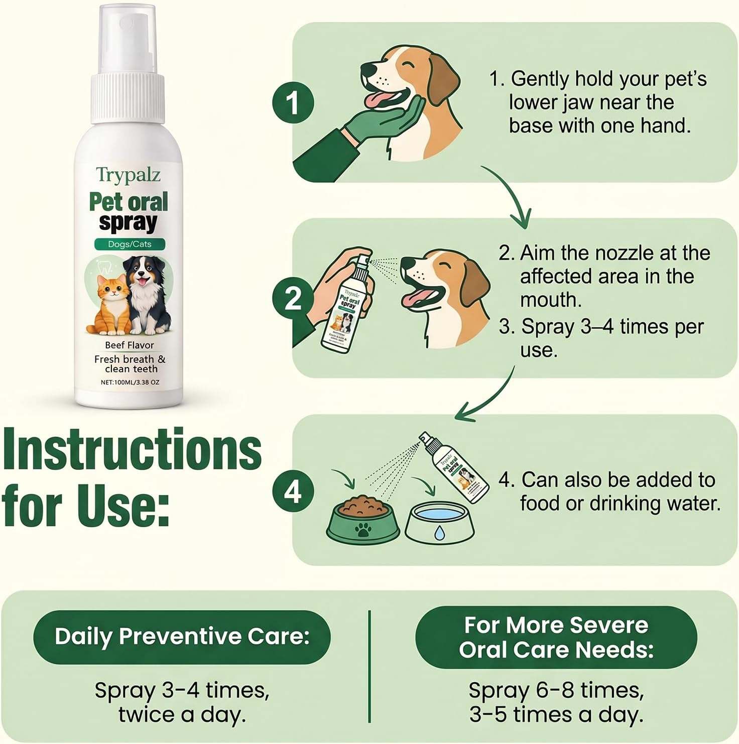 Halpilt Pet Oral Tartar Remover Spray, Trypalz Spray for Dogs & Cat, Plaque & Tartar Remover, Supports Fresh Breath & Clean Teeth, Eliminates Bad Breath for Healthy Gums, Beef Flavor (1)