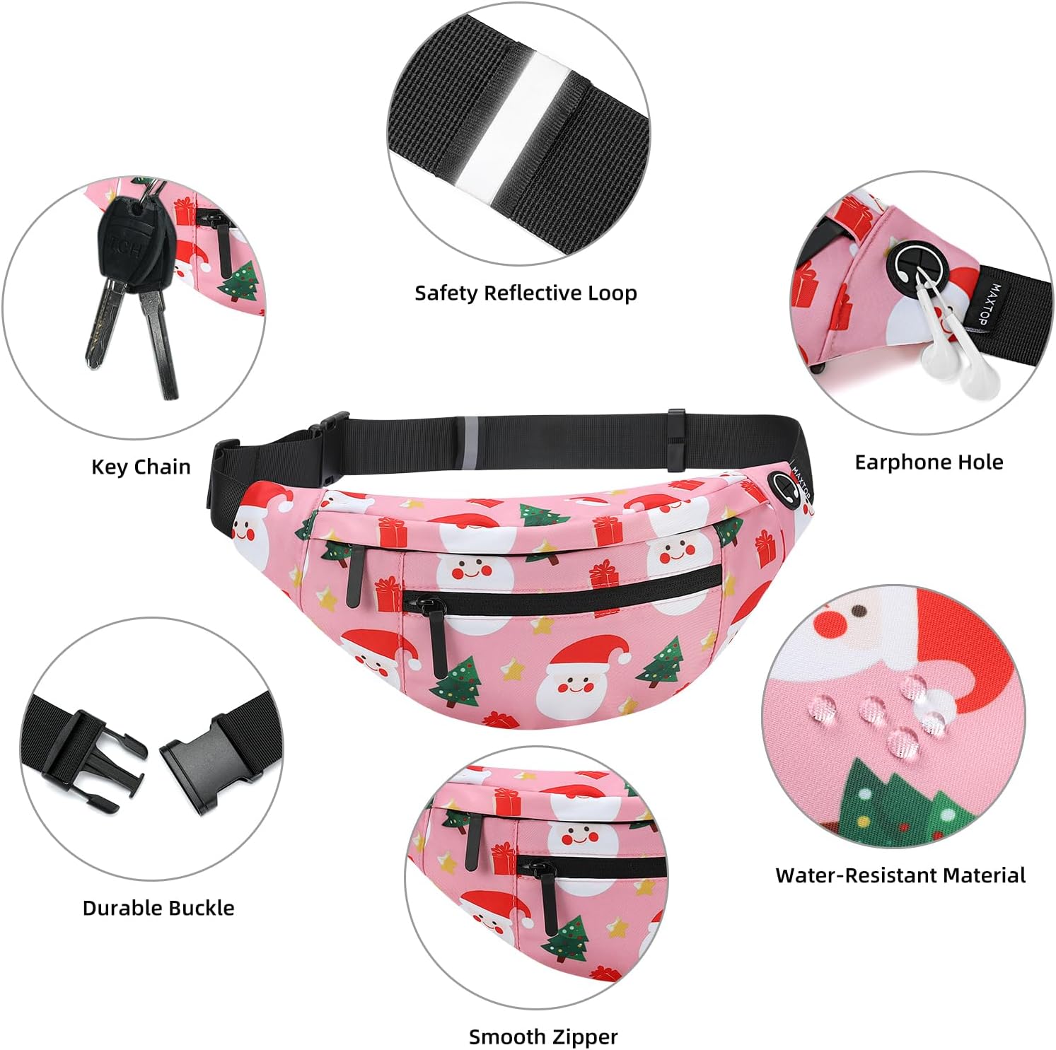 MAXTOP Large Fanny Pack with 4-Zipper Pockets, Christmas Gifts for Enjoy Festival Sports Workout Traveling Running Casual Hands-Free Waist Pack Crossbody Phone Bag Carrying All Phones (Santa Claus,)