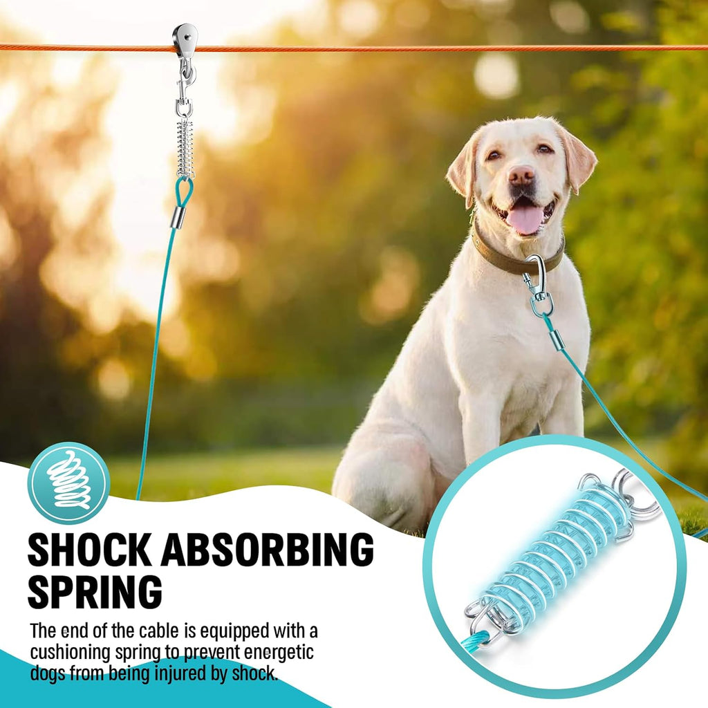 Upgraded Dog Runner for Yard, Heavy Duty Dog Trolley System with 10ft & 15ft Tie Out Cable (Orange+Aqua, 50ft Runner line+(10ft &15ft) tie Out Cable)