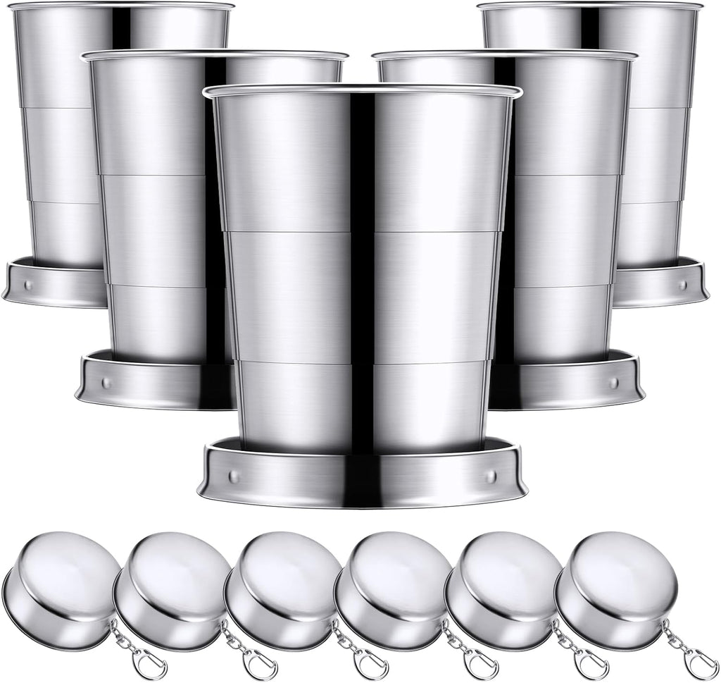 Tessco for you 6 Pieces Collapsible Shot Glasses Stainless Steel Collapsible Cup Reusable Portable Travel Folding Cup with Lid and Keychain for Camping Hiking Cycling(5 oz)