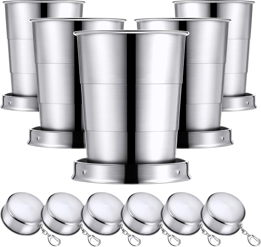Tessco for you 6 Pieces Collapsible Shot Glasses Stainless Steel Collapsible Cup Reusable Portable Travel Folding Cup with Lid and Keychain for Camping Hiking Cycling(2.5 oz)