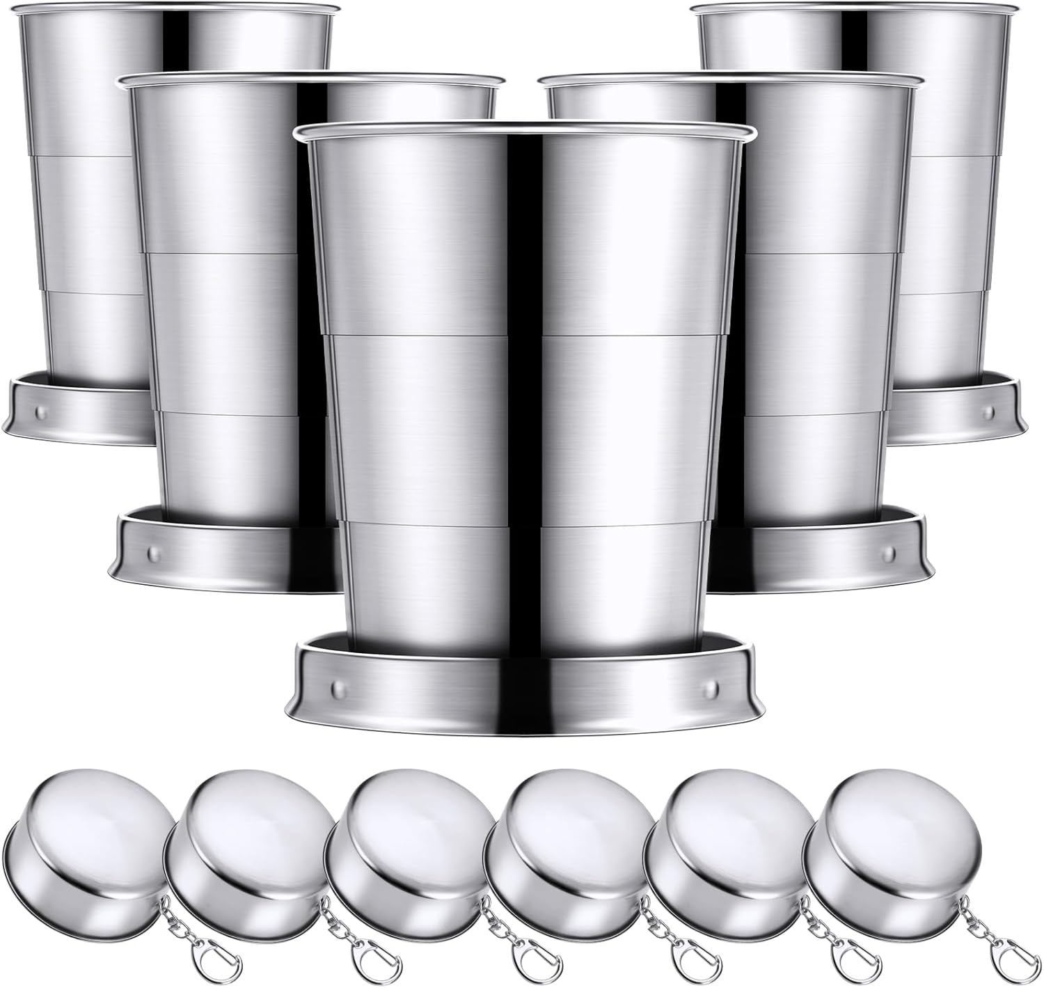 Tessco for you 6 Pieces Collapsible Shot Glasses Stainless Steel Collapsible Cup Reusable Portable Travel Folding Cup with Lid and Keychain for Camping Hiking Cycling(2.5 oz)