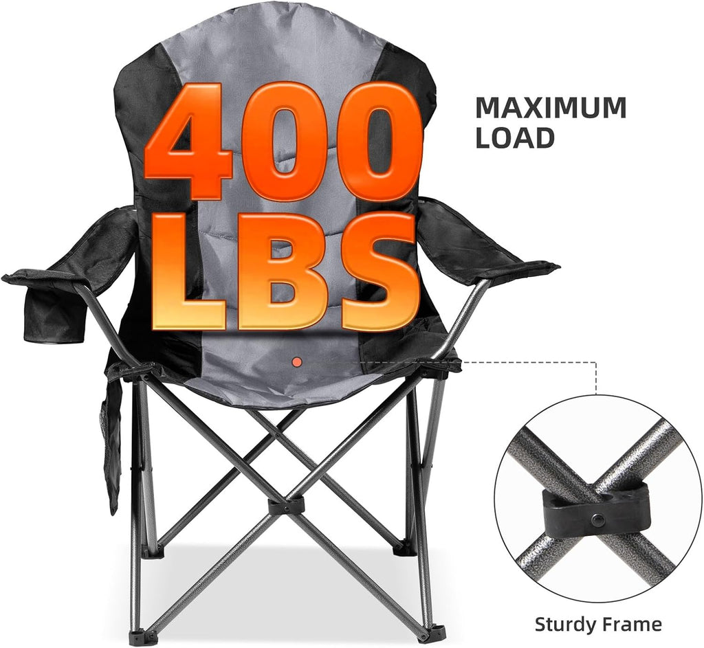 2 Pack Folding Camping Chairs for Adults - High Back Padded Outdoor Lawn Chairs with Lumbar Support & Cup Holder, 400lbs Heavy Duty Portable Camping Chairs Set (Black & Light Gray)