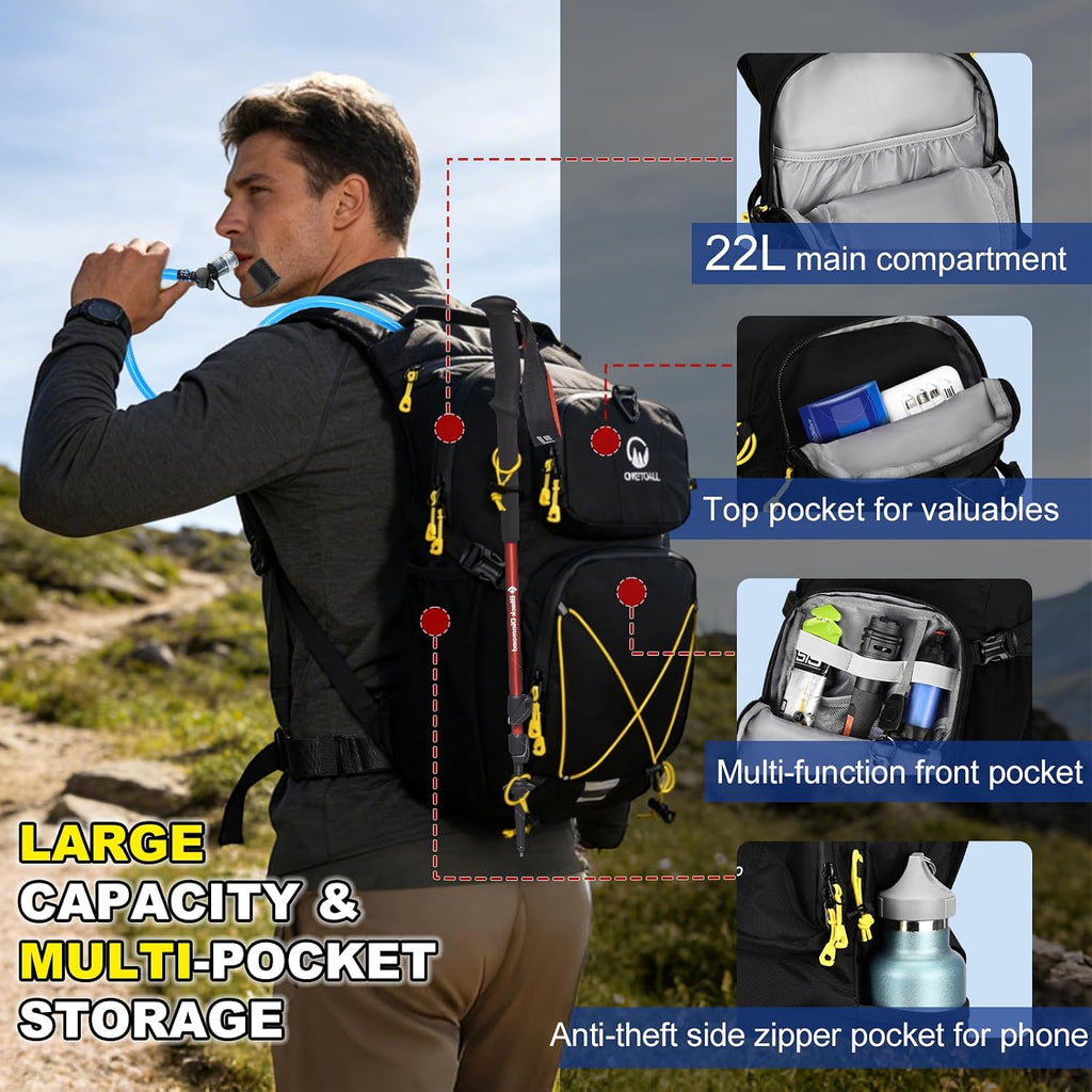 Hydration Backpack 22L, Hiking Backpack with 2L Leakproof Bladder, Sewn-in Rain Cover, Insulated Compartment for Men & Women Running, Cycling, Camping