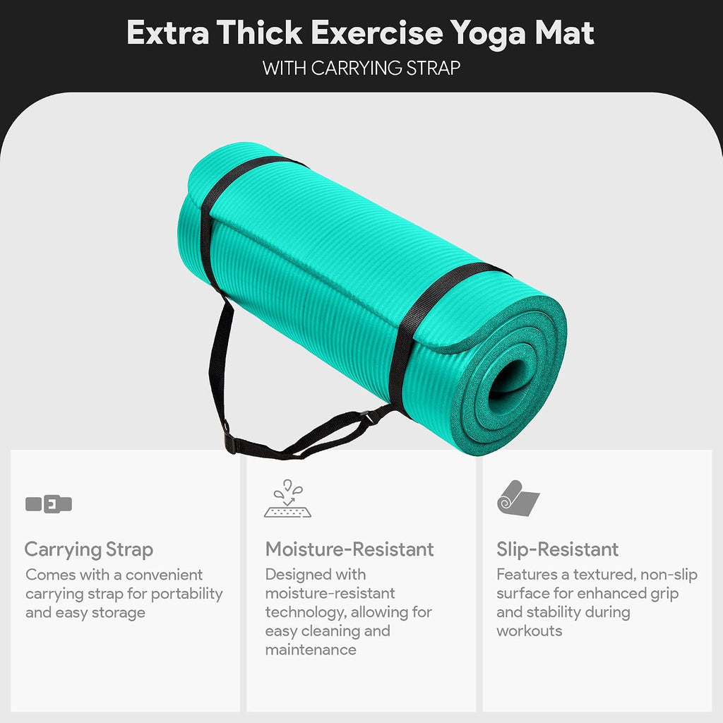 BalanceFrom All Purpose 1-Inch Extra Thick High Density Anti-Tear Exercise Yoga Mat with Carrying Strap, Multiple Colors