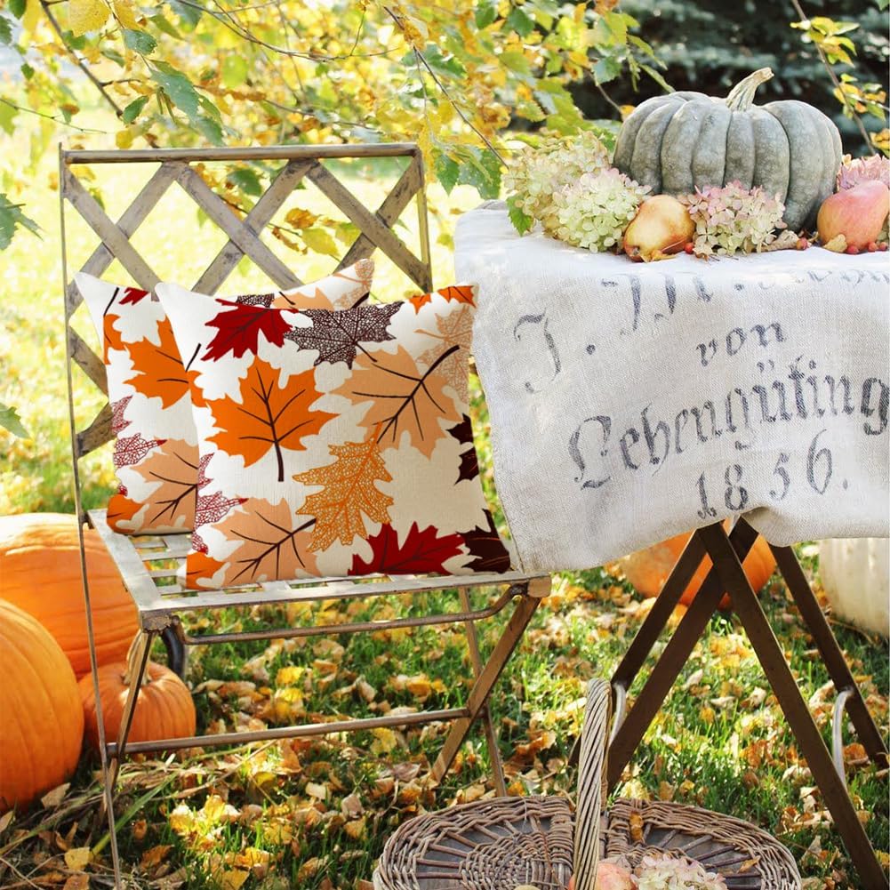Fall Pillow Covers 18x18 Set of 2,Maple Leaves Outdoor Thanksgiving Autumn