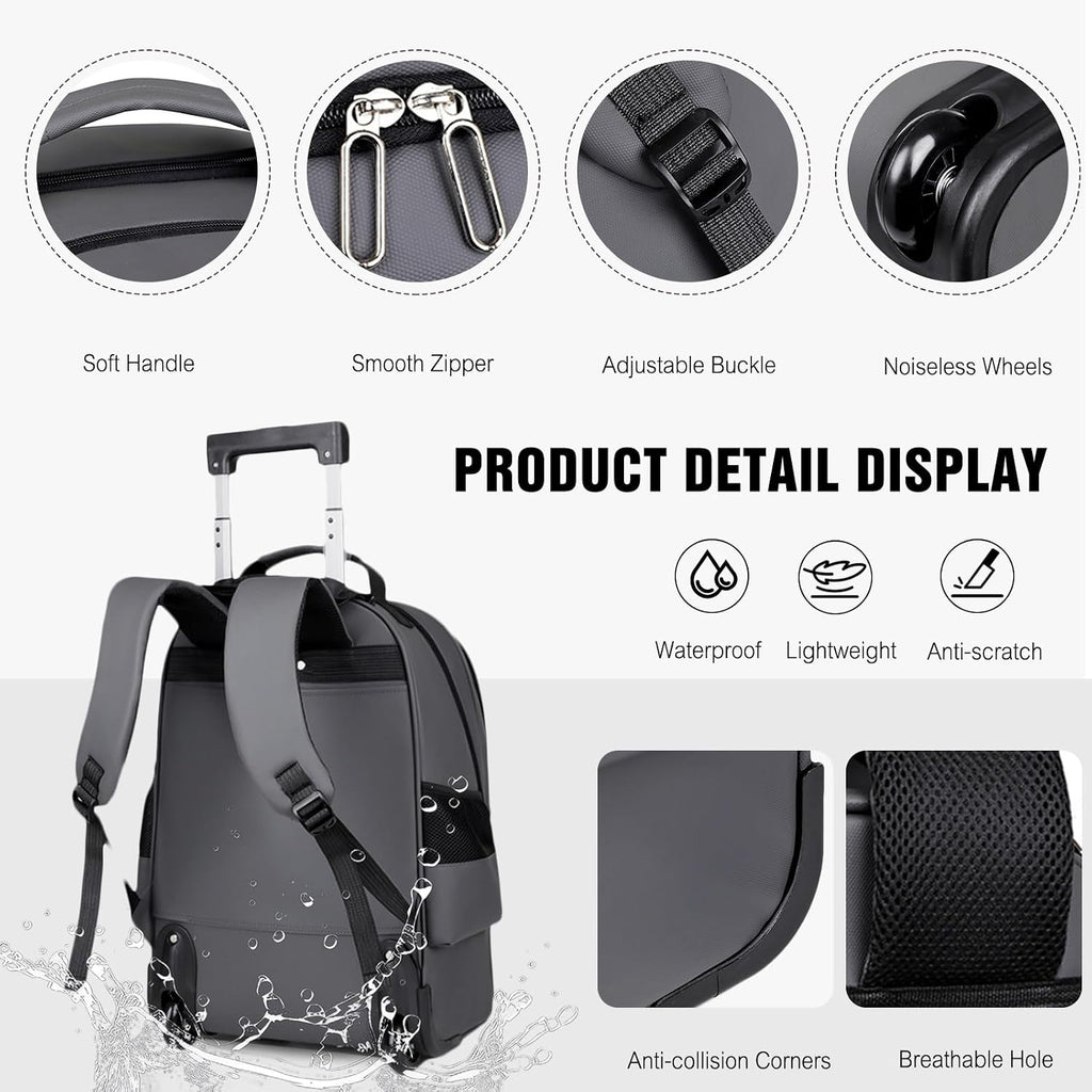 FANDARE Rolling Laptop Backpack Convertible Luggage Backpack with Wheels Travel Daypacks Multi-Functional Carry-On for Business Trip Men Lifestyle Outdoor Urban Waterproof PU Film Backpacks Grey