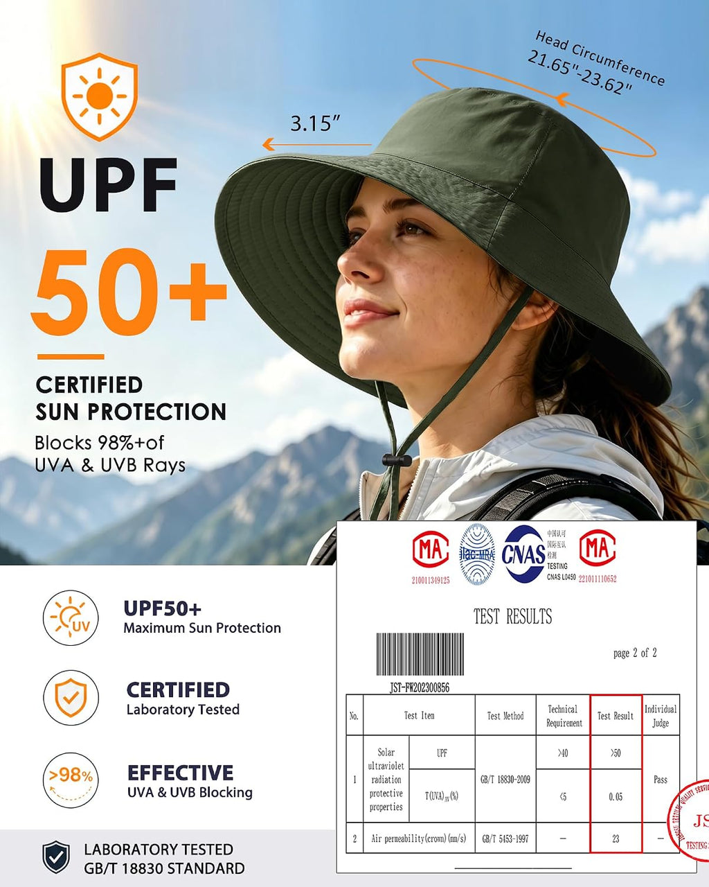 Water-Resistant UPF 50+ Sun Bucket Hat Packable Brimmed for Women Men