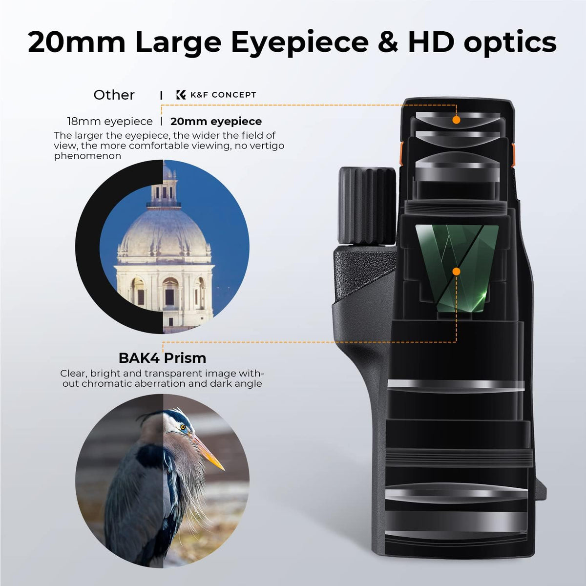 K&F Concept® IP68 10 Meters Waterproof 12X50 Monocular Telescope with Cleaning Cloth, Scope BAK-4 Prism FMC for Stargazing, Birdwatching, Hunting, Camping, Traveling, HD Monocular for Adults