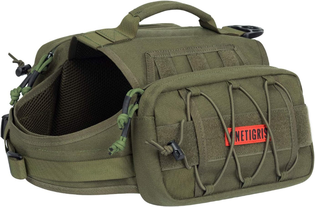 ONETIGRIS Dog Backpack for Medium & Large Dogs, Nylon Backpack for Dogs Tactical Pet Backpack with Side Pockets for Hiking Walking Training Running (Brown, Medium)