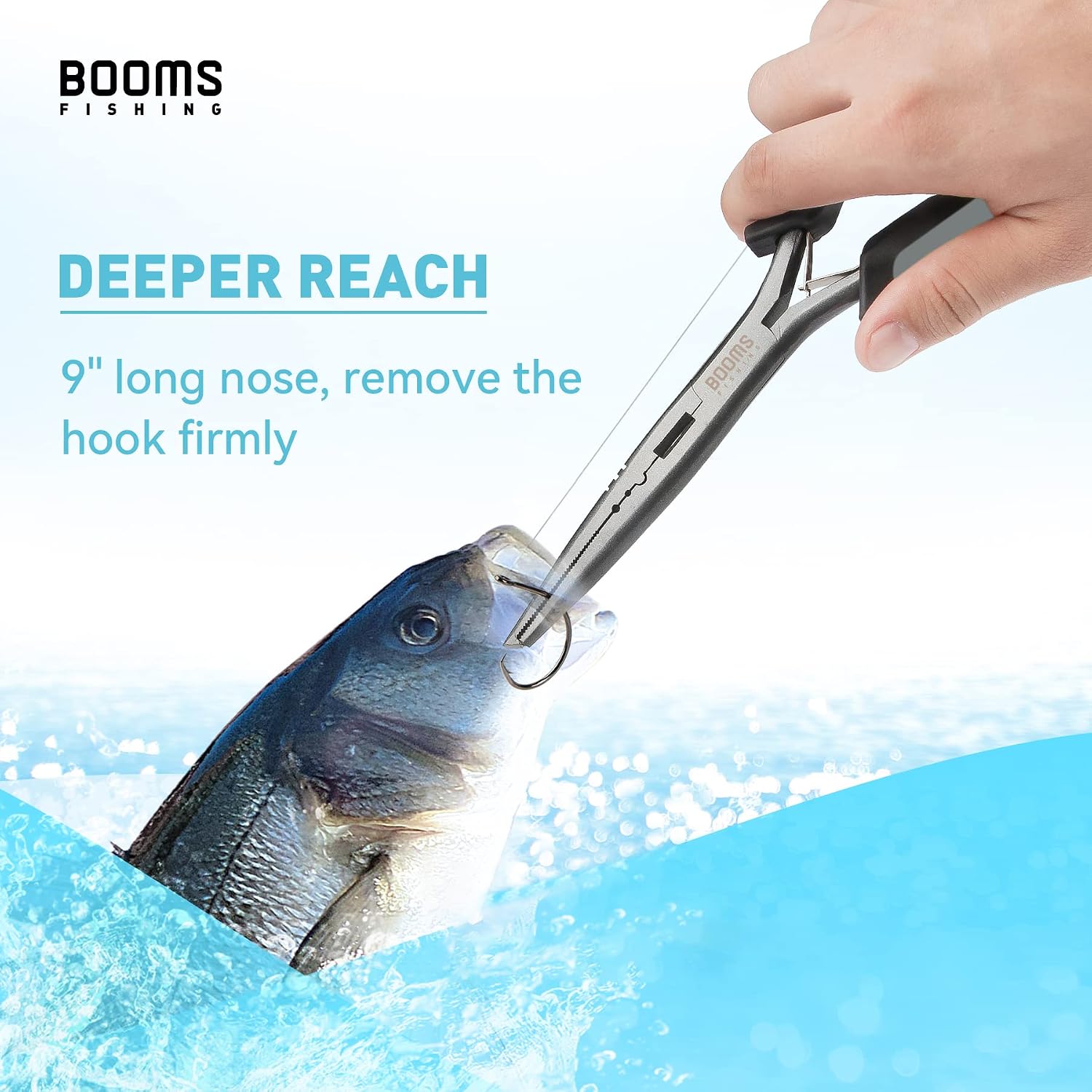 Booms Fishing F03 Needle Nose Fishing Pliers, 9" Fisherman's Pliers, Long Nose Hook Remover, Saltwater Resistant Fishing Gear, Gray