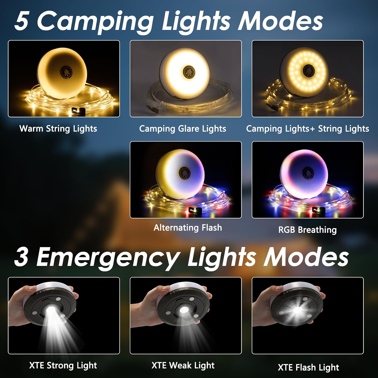 2 Pack Camping String Lights 4 in 1, 8 Modes Rechargeable Fairy Tent Lights