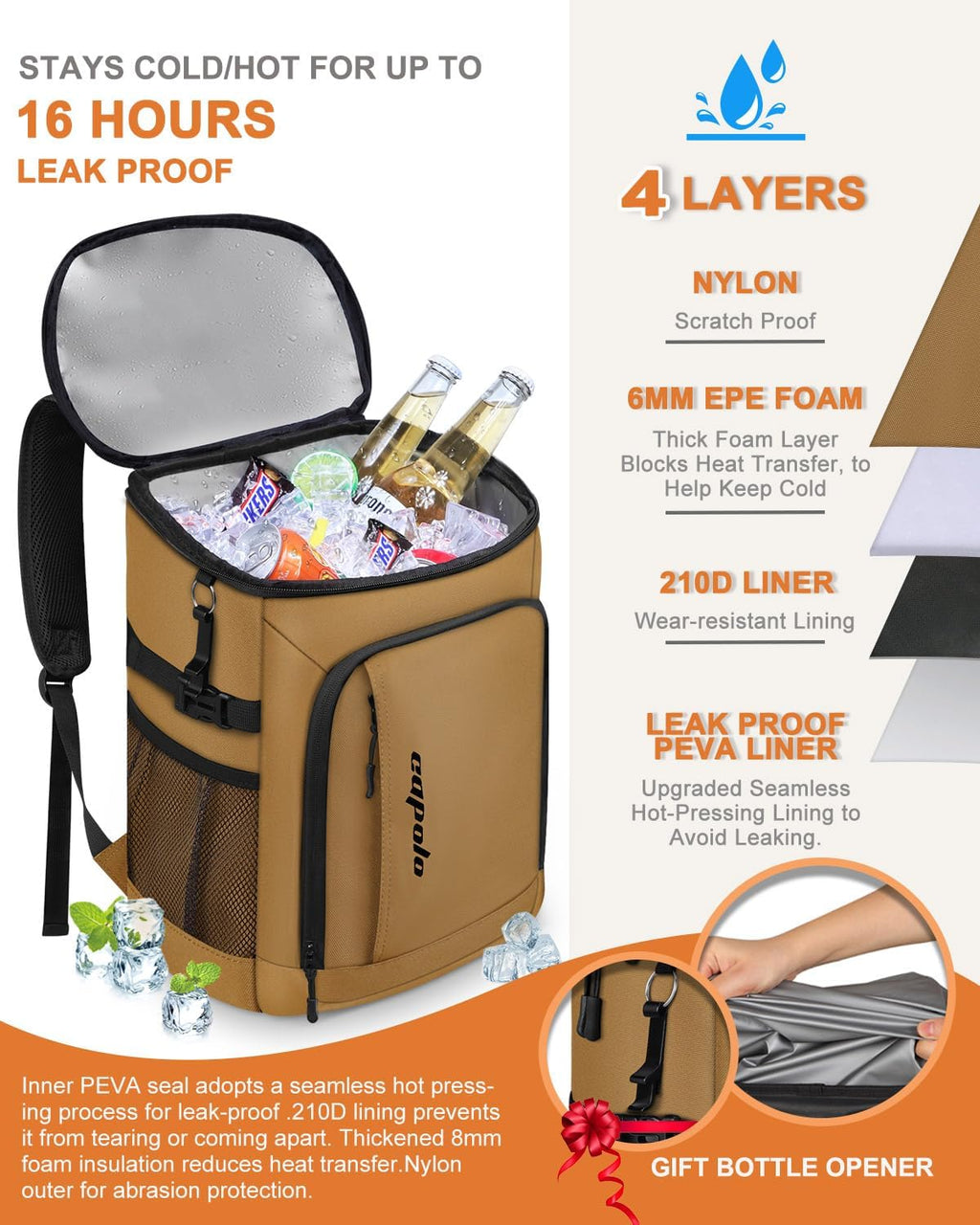 Capolo Cooler Backpack Insulated Leak Proof for Women Men Soft Cooler Bag
