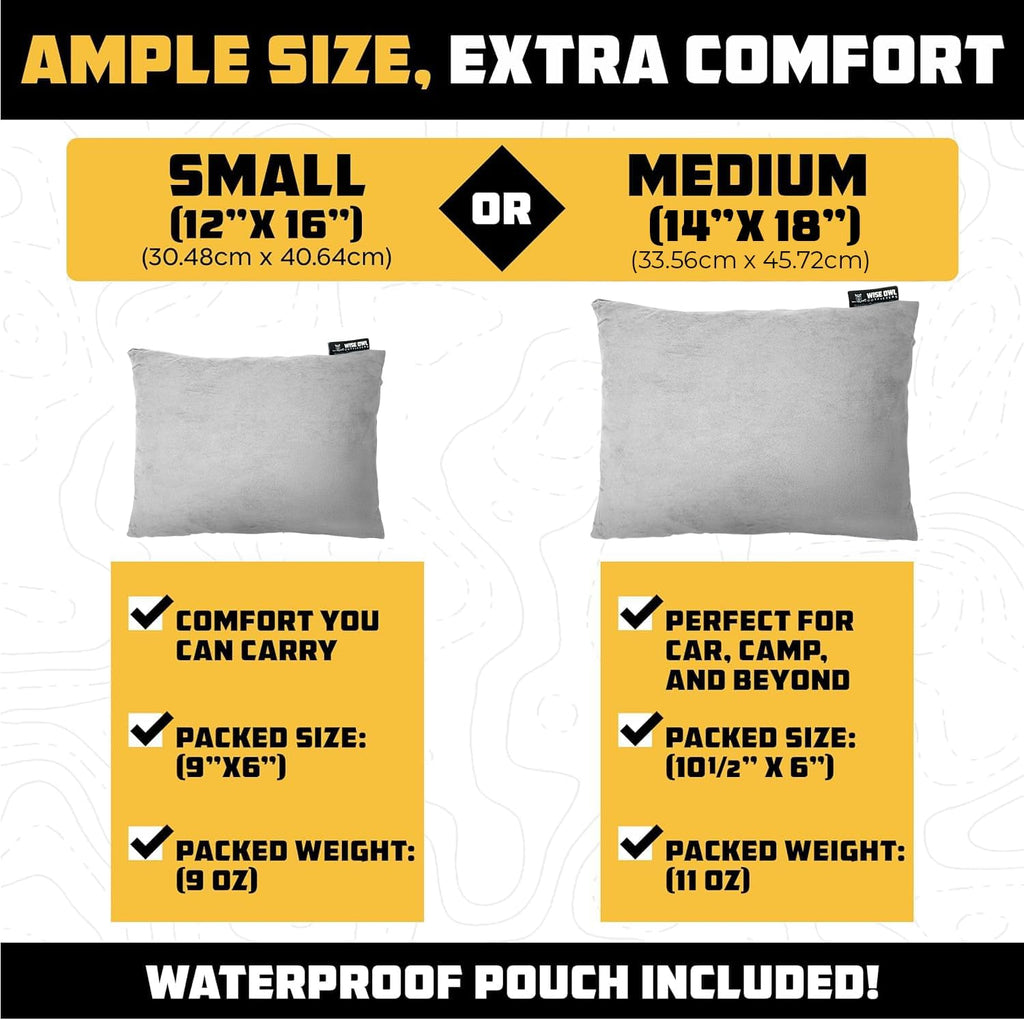 Wise Owl Outfitters Camping Pillow - Camping Essentials and Travel Pillow for Airplanes, Camping, and Travel - Memory Foam Washable Pillow - Small/Medium