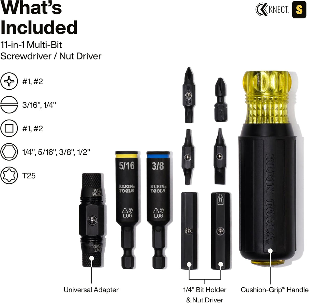 Klein Tools 32500HD Multi-Bit Screwdriver/Nut Driver, Impact Rated 11-in-1 Tool with Phillips, Slotted, Square and Torx Tips