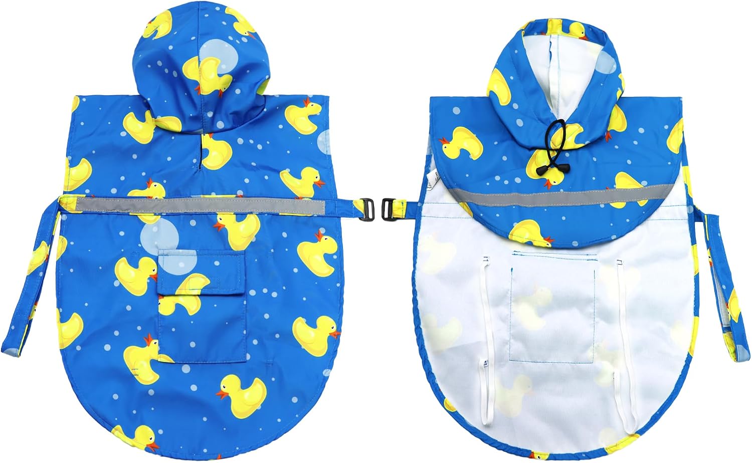 DELIFUR Large Dog Raincoat- Waterproof Dog Rain Poncho Adjustable Double Layer Rain Jacket with Hood for Medium Large Dogs Designed with Leash Hole Reflective Strip and Ducks (Blue Duck, Large)