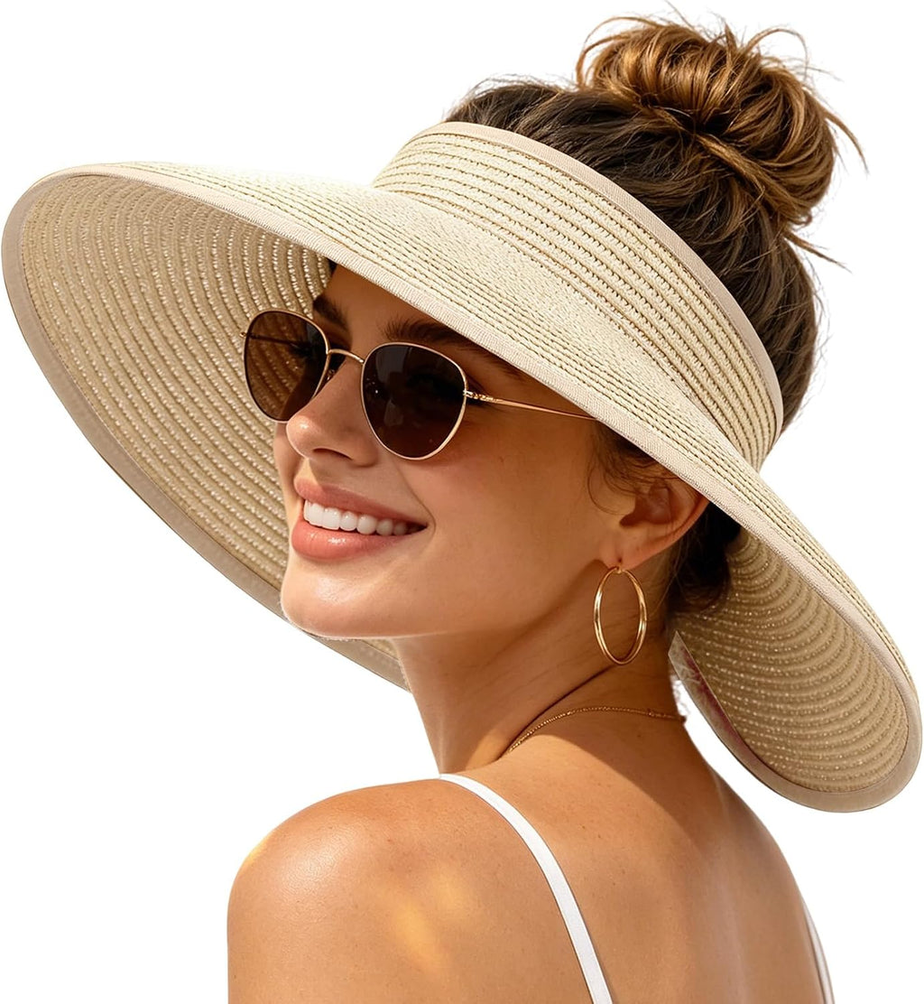 Sun Hats Visor for Women, UV UPF Straw Beach Hat Foldable Wide Brim Ponytail Summer Hats Packable Travel