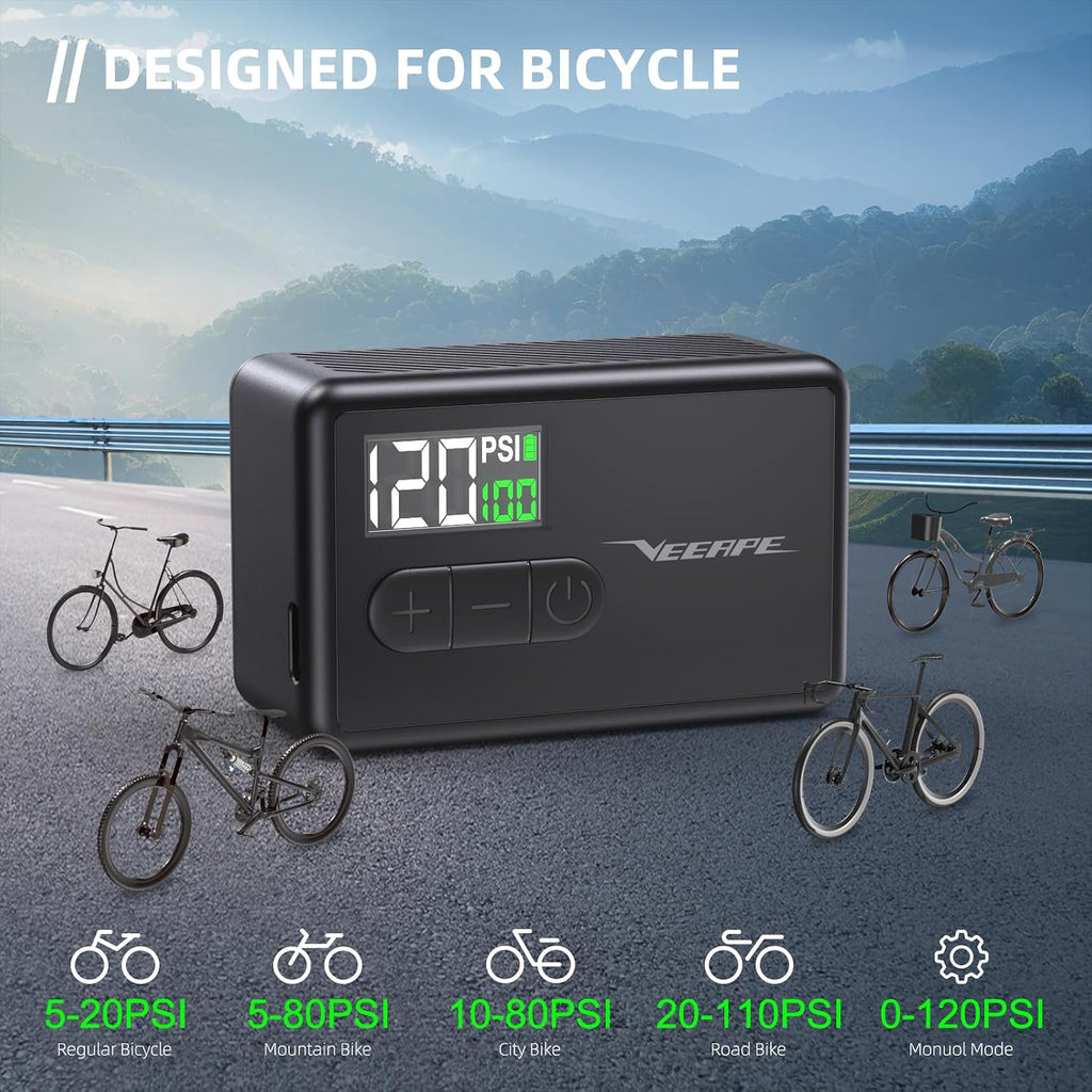Tiny Pump Mini Bike Tire Pump - Max 120PSI Portable Electric Bicycle Pump with Fast Inflation Auto Stop - Bicycle Inflator with Presta Schrader Valve for E-Bikes Bicycles Various Balls