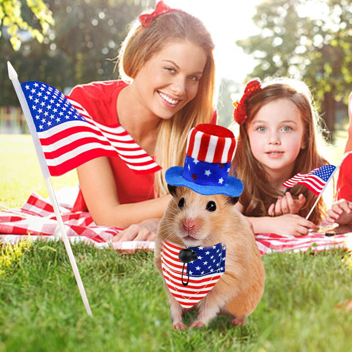 4 Pcs Pet Independence Day Costume 4th of July Guinea Pig Hat and Bandana Uncle Sam Rabbit Hat American Flag Small Animals Hat Bandana Triangle Bib Scarf with Stars and Stripes Pattern (S)