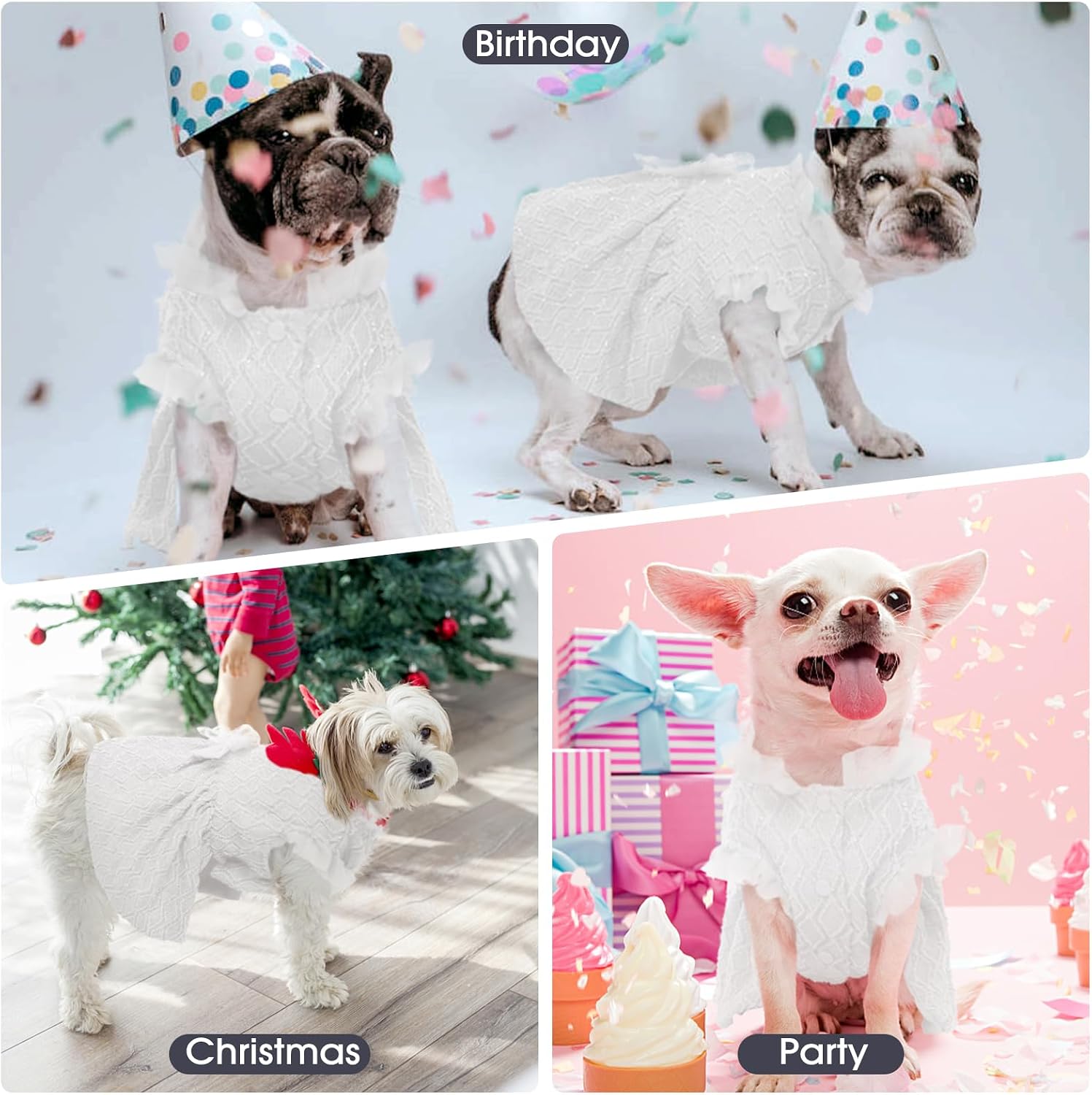 Kuoser Dog Dress, Princess Puppy Tutu with Bow-Knot, White Dog Dresses XS
