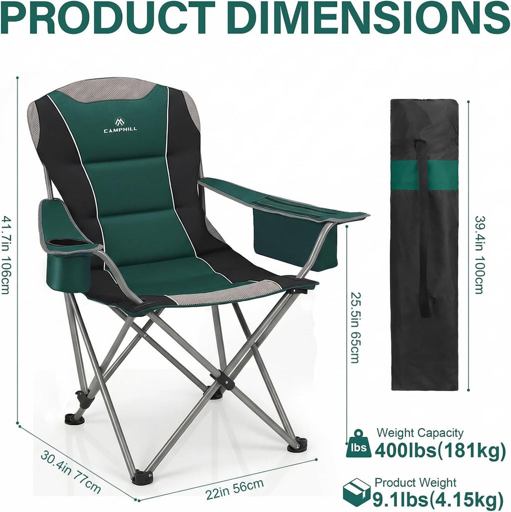 2 Pack Camping Chairs for Adults - Oversized Folding Lawn Chair with Angled Backrest,Heavy Duty 400lbs,Padded Camp Chairs with Cup Holder Side Pocket Cooler Bag for Outdoor,Sports,Beach,Fishing,Green