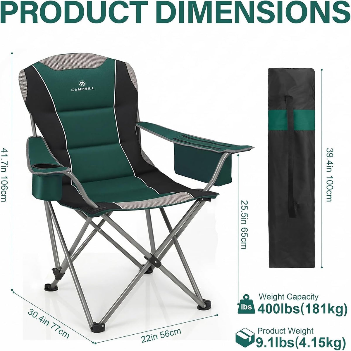 2 Pack Camping Chairs for Adults - Oversized Folding Lawn Chair with Angled Backrest,Heavy Duty 400lbs,Padded Camp Chairs with Cup Holder Side Pocket Cooler Bag for Outdoor,Sports,Beach,Fishing,Green