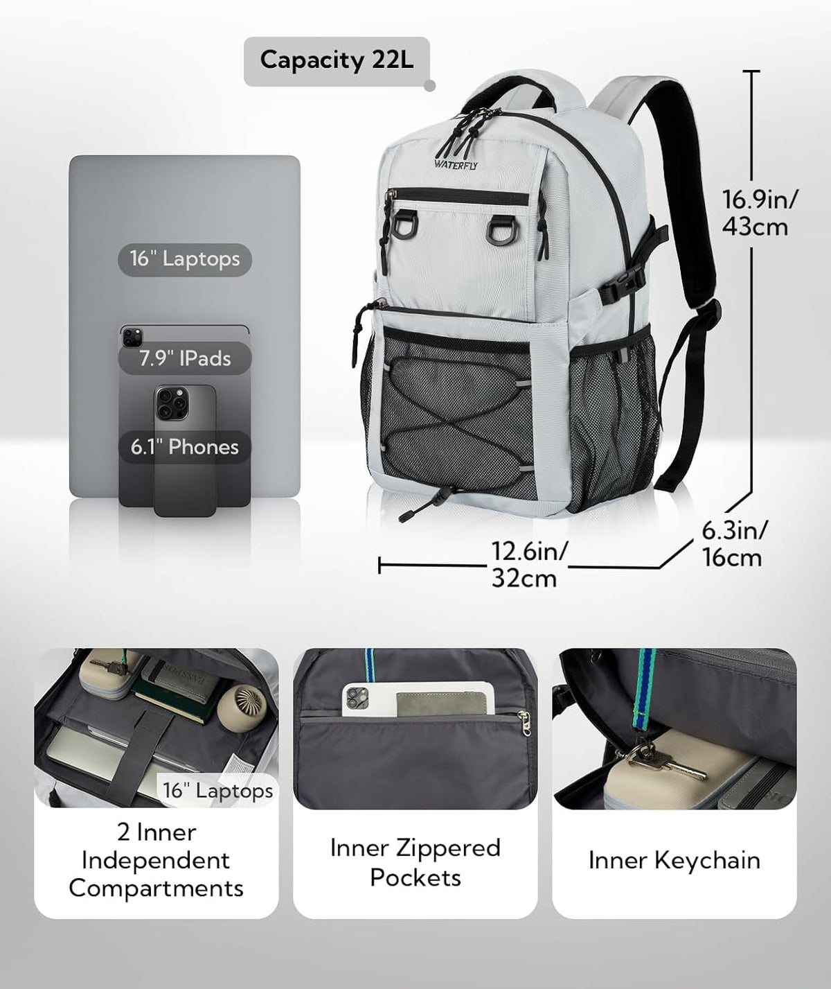 WATERFLY Travel Hiking Casual Backpack: 22L Lightweight Everyday Outdoor City Daypack College Bookbag for Women Men