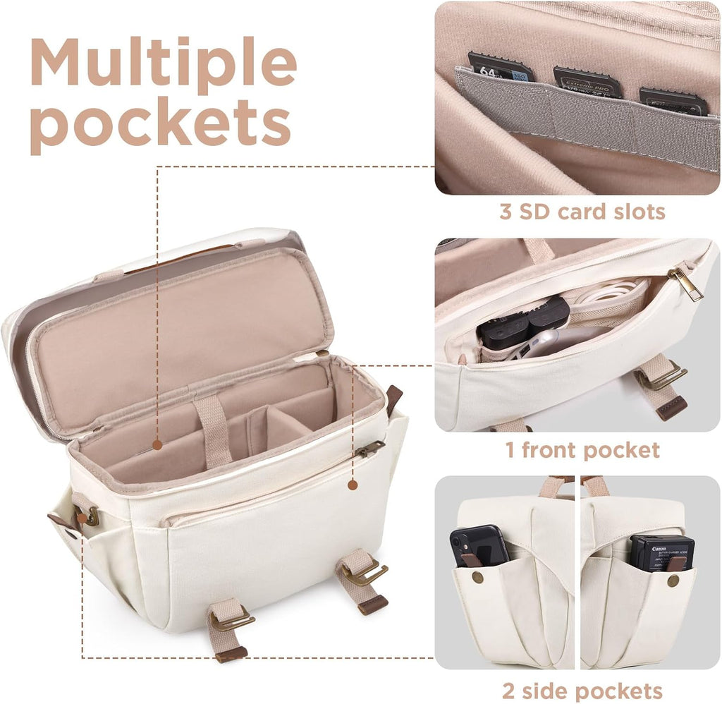 SMRITI Canvas Camera Bag Small- DSLR/SLR Waterproof Camera Bag for Canon/Sony/Nikon/Fuji, Cute Camera Sling Bag with Rain Cover, Travel Crossbody Camera Case Bag for Women Men Photographer (White)