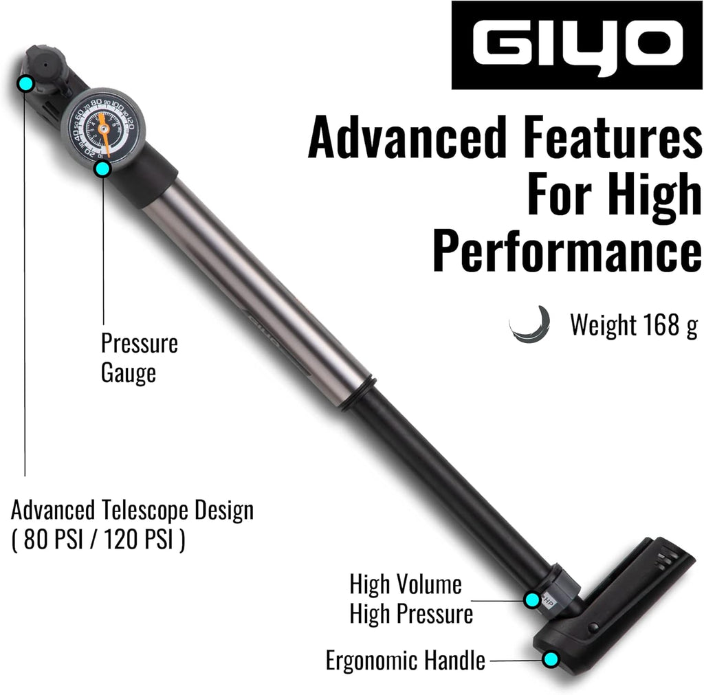 GIYO Mini Bike Pump with Gauge 2 Stage HP/HV 120 PSI Schrader & Presta Bike Tire Pump | Easy Inflation for Road & MTB | Frame Mount Included | Taiwan Made (GP-993)