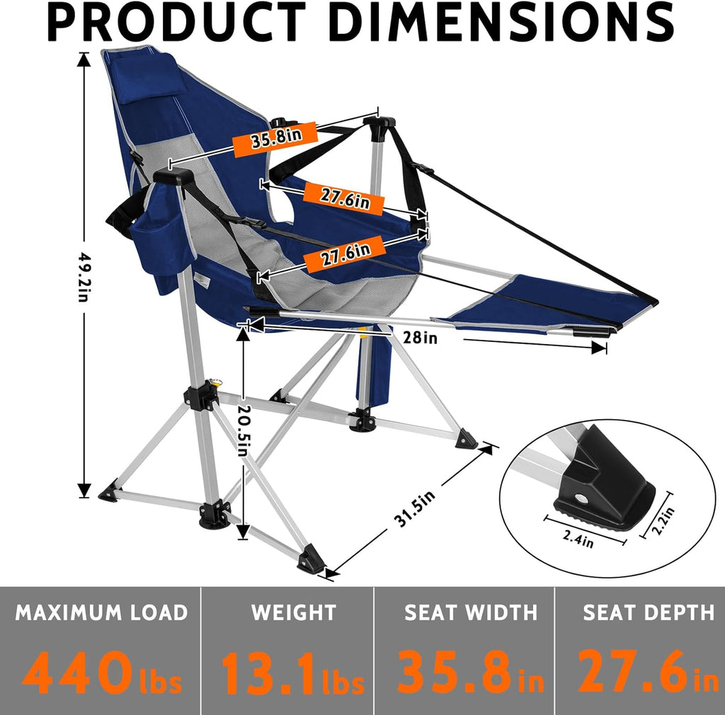 Romswi 2-Pack Aluminum Hammock Chair with Footrest, Oversized Portable Folding Swinging Chair with Adjustable Back & Seat, Lightweight Rocking Camp Chair Supports 440lbs for Outdoor, Patio - Blue