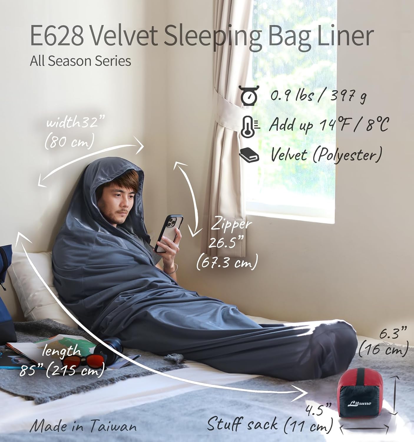 Litume Velvet Sleeping Bag Liner No Zipper Mummy Sleep Sack Backpacking, Camping, Traveling, Hotel, Hostal, Traveling, Lightweight Compact Drawstring Hood Skin Friendly