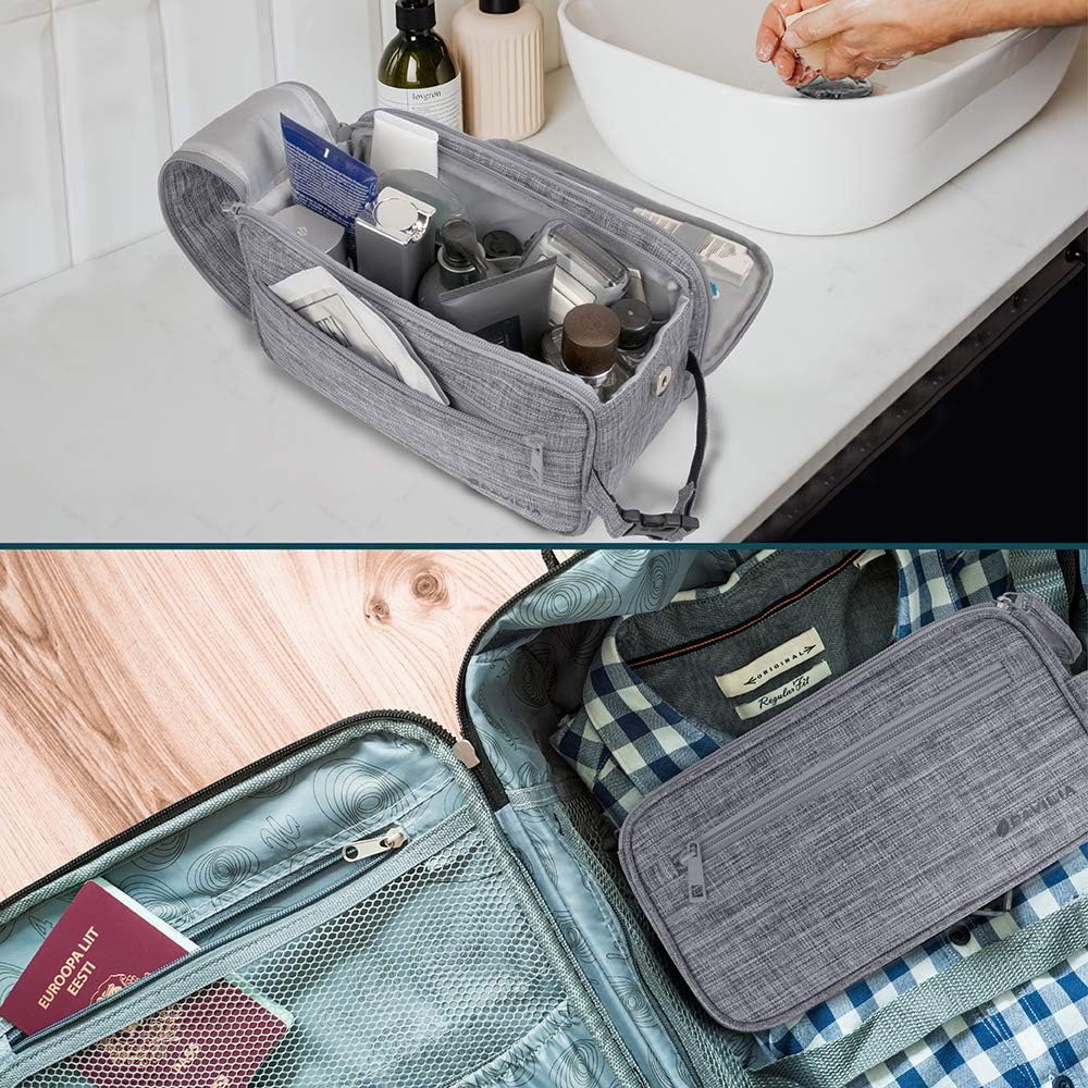 PAVILIA Toiletry Bag for Men, Travel Essentials Shaving Dopp Kit, Mens Travel Bag Toiletries Organizer Case for Grooming, PU Leather Water Resistant Cosmetic Bag Pouch (Heather Grey)