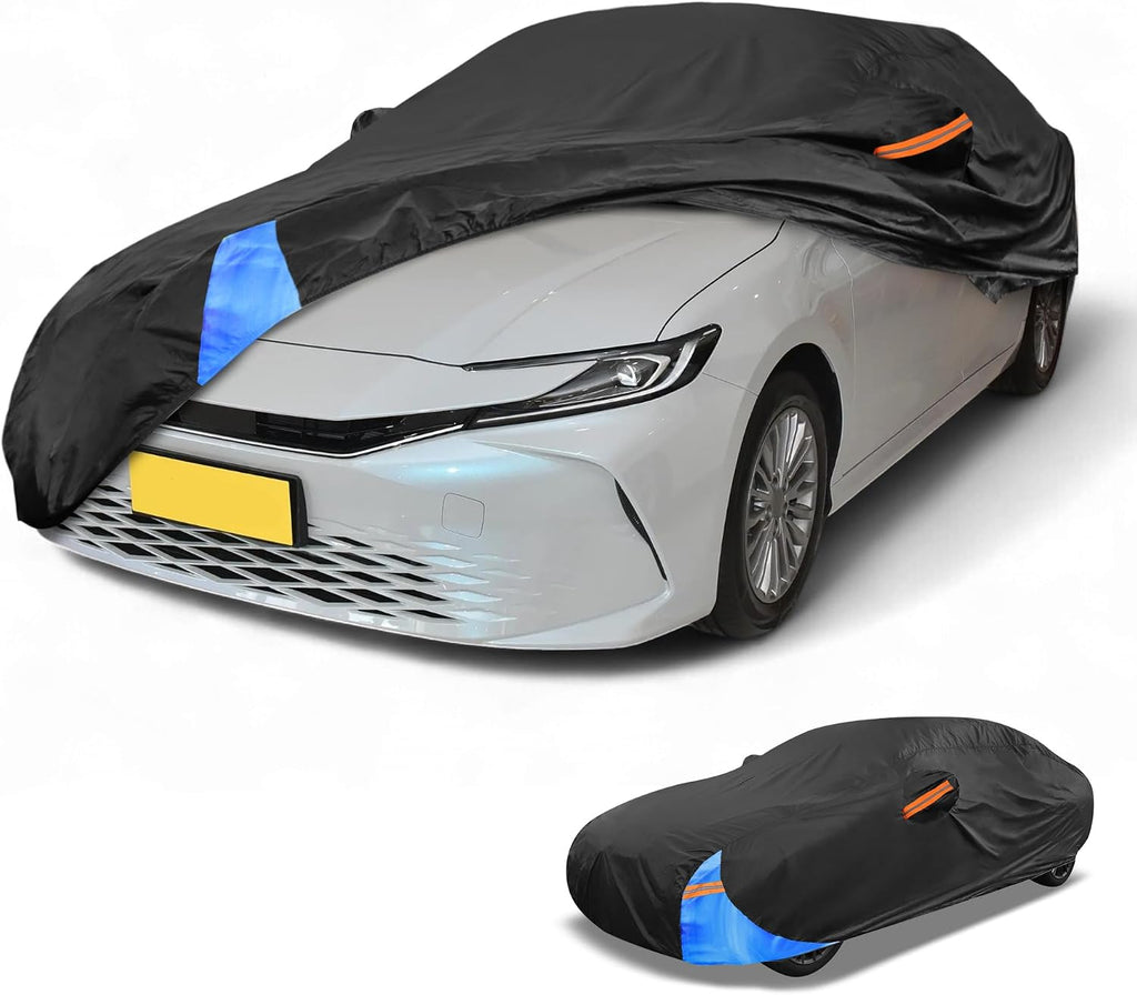 Waterproof All-Weather Universal Car Cover with Right Side Zipper, 210D-PU Black Blue Fits for Sedan 185" to 192" Length