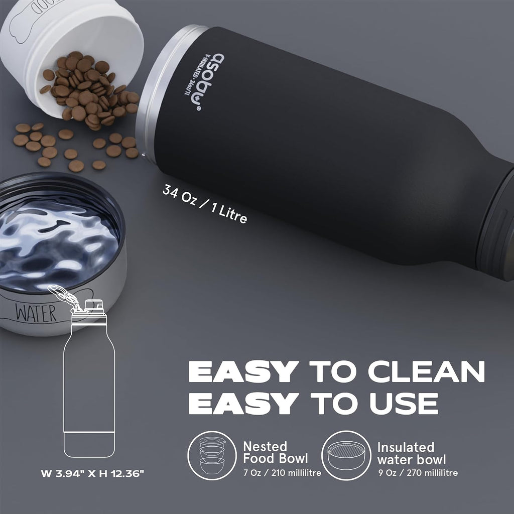 asobu Barky Bottle a Stainless Steel Insulated Water Bottle for with Removable Dog Water Bowl and Dog Food and Treat Storage Bowl (White, 34 oz Water Bottle | 2 Bowls)