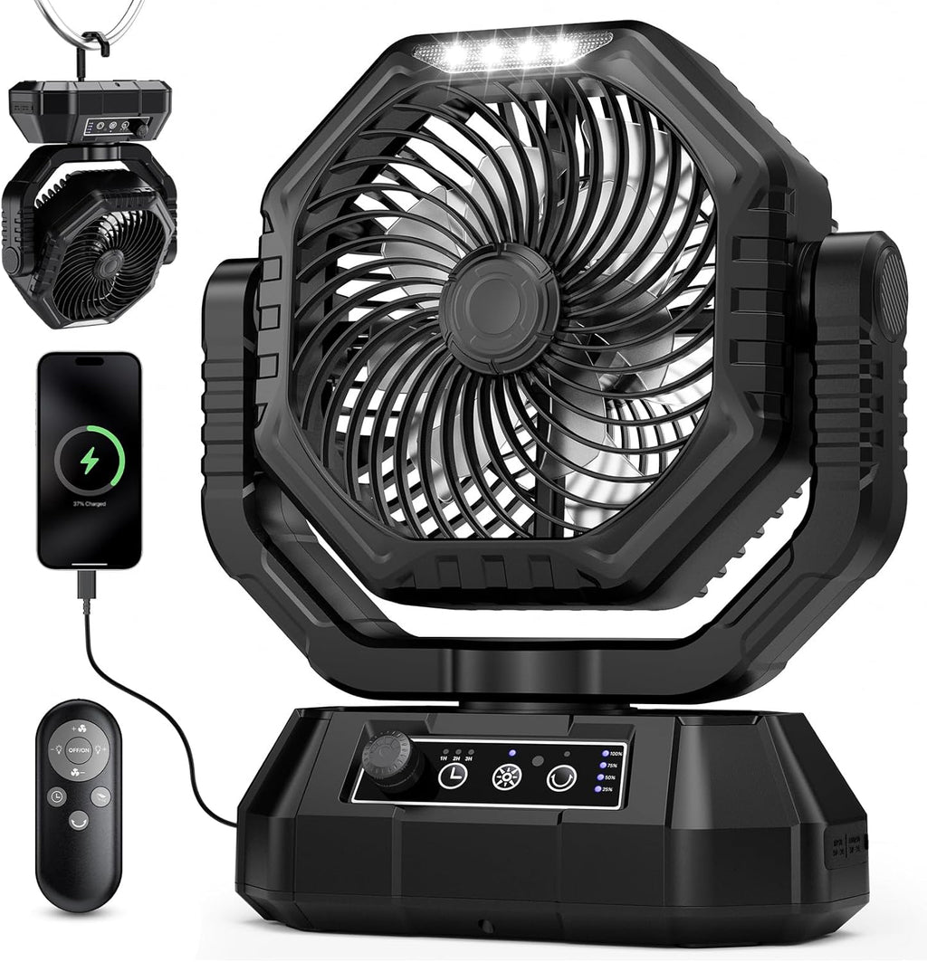 AJVV Camping Fan with Light, Remote and Oscillation, Battery Powered Hanging Tent Fan, Rechargeable Portable for Camp, Outdoor, Emergencies, Fishing, RV Travel, Jobsite