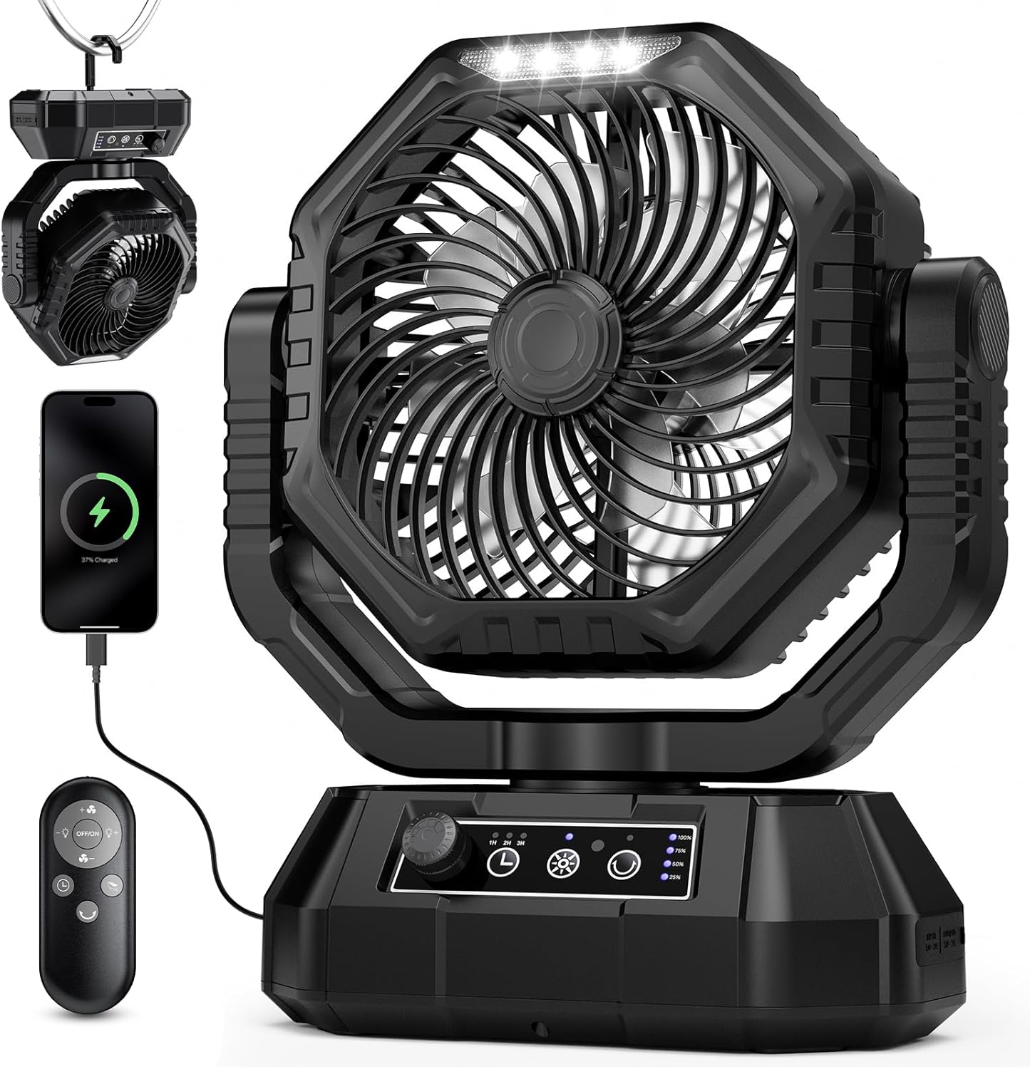 AJVV Camping Fan with Light, Remote and Oscillation, Battery Powered Hanging Tent Fan, Rechargeable Portable for Camp, Outdoor, Emergencies, Fishing, RV Travel, Jobsite